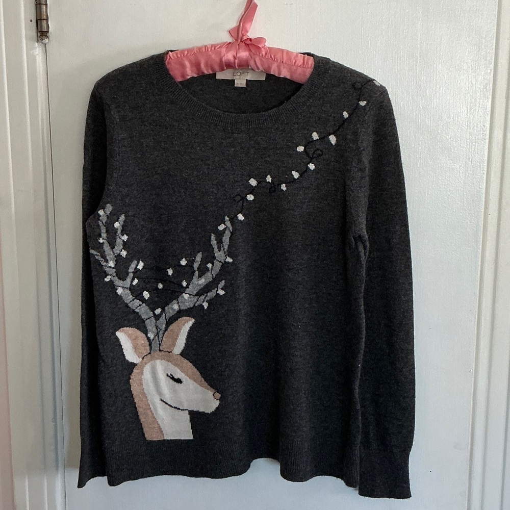 LOFT Gray Wool Blend Crewneck Christmas Sweater XS